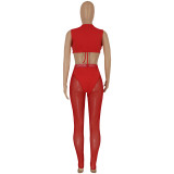 Summer sexy slim solid color top + net  yarn  pants two-piece set