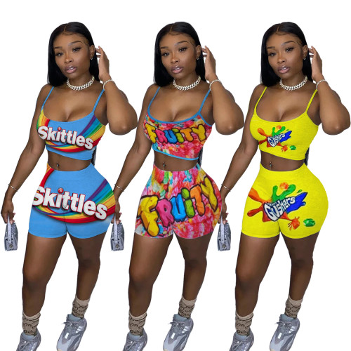 2022 Casual Print Camisole Top Shorts Two Piece Set