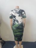 Plus Size Casual Crew Neck Ribbed Contrast Tie Dye Dress