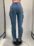 Eyelet String Fringe Mid-Rise Washed and Distressed Straight Jeans