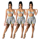 Summer and autumn lace-up printed loose shorts two-piece set