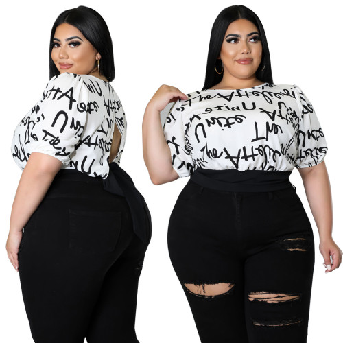 2022 plus size summer letter print casual style lace-up short-sleeved T-shirt top