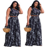 Large Size Sleeveless Print Casual Two Piece Set