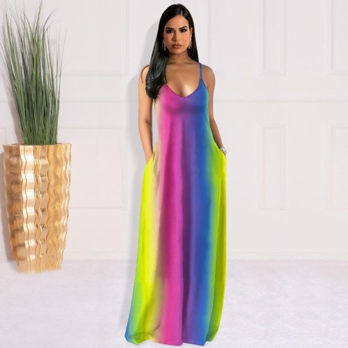 2022 Summer Sexy Rainbow Tie-Dye V-Neck Resort Style Suspender Long Dress