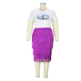 2022 summer plus size letter print T-shirt skirt two-piece short-sleeved fringed skirt suit