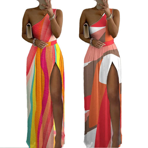 2022 High Waist Sexy Print Slit One Shoulder Dress