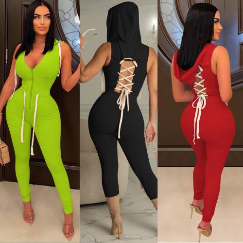 2022 Sexy Lace-Up V-Neck Hooded Jumpsuit