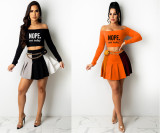 2022 spring and autumn long-sleeved letters stitching mini skirt pleated skirt two-piece set