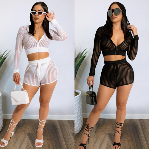 2022 summer striped mesh casual two-piece set