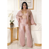Large size solid color shiny pleated pleated wide leg pants three-piece suit
