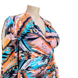 Plus Size V Neck Print Split Pleats Cutout Sleeves Dress