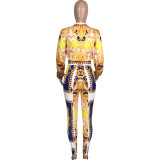 2022 Casual Large Gold Chain Pattern Print Zipper Loose Jacket Trousers Two Piece Set