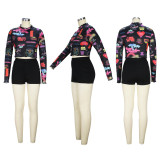 2022 spring and autumn Hawaiian style printed fungus edge long-sleeved shorts two-piece set
