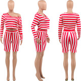 2022 Fall Plus Size Striped Off-the-Shoulder Long Sleeve Casual Two-Piece Set