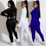2022 Casual Solid Color V-Neck Zipper Tie Slim Fit Long Sleeve Trousers Sports Two Piece Set
