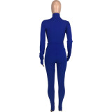 2022 Casual Solid Color V-Neck Zipper Tie Slim Fit Long Sleeve Trousers Sports Two Piece Set