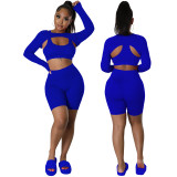Solid color vest, long sleeves, shorts sports three-piece set