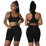 Solid color vest, long sleeves, shorts sports three-piece set