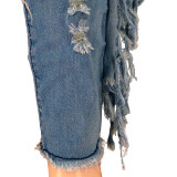 plus size washed ripped tassel jeans