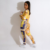 2022 Casual Large Gold Chain Pattern Print Zipper Loose Jacket Trousers Two Piece Set