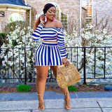 2022 Fall Plus Size Striped Off-the-Shoulder Long Sleeve Casual Two-Piece Set