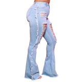 Plus Size Washed Tassel Shredded Flared Jeans