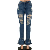 Plus Size Washed High Stretch Flared Street Ripped Jeans