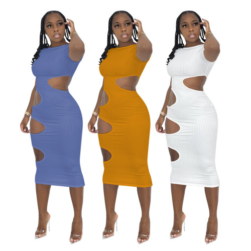 Summer Sexy Cutout Pit Strip Solid Color Dress