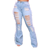 Plus Size Washed Tassel Shredded Flared Jeans