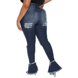 Plus Size Washed High Stretch Flared Street Ripped Jeans