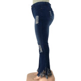 Plus Size Slim Ripped Hole Tassel Washed Flared Jeans