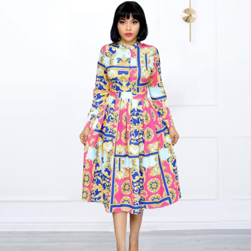 2022 autumn and winter plus size long sleeve printed large swing dress