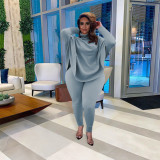 Casual solid color dolman sleeve slit top trousers ribbed pit strip two-piece set  S--5XL