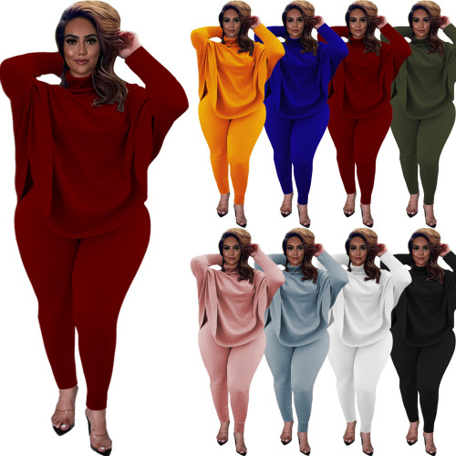 Casual solid color dolman sleeve slit top trousers ribbed pit strip two-piece set  S--5XL