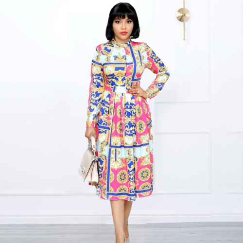 2022 autumn and winter plus size long sleeve printed large swing dress