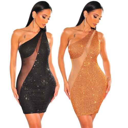 2022 women's new diagonal shoulder Sequin mesh sexy fashion Hip Wrap Dress