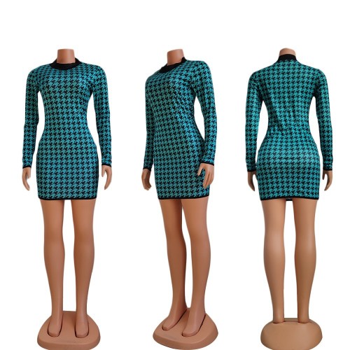 2022 women's new fashion temperament long sleeve dry bird check print slim dress