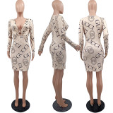 Temperament elegant casual fashion printing sexy hollow long-sleeved senior V-neck dress