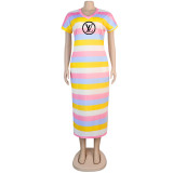 Casual Loose Print Cute Rainbow Striped Ladies Dress