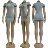 Fashion Lapel Solid Color Short Sleeve Dress