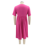 Round Neck Short Sleeve Solid Color Slim Fit Loose Plus Size Ladies Dress