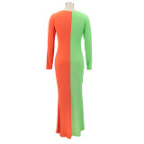 Solid color stitching V-neck elastic long-sleeved fashion sexy dress