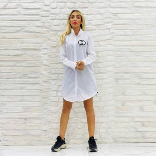 Long Sleeve Solid Color Simple Embroidered Letter Shirt Dress