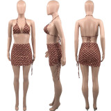 Fashion Print Drawstring Bra Halter Sexy Skirt Suit Swimsuit