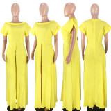 2022 spring women's round neck short sleeve high split zipper solid color sexy dress