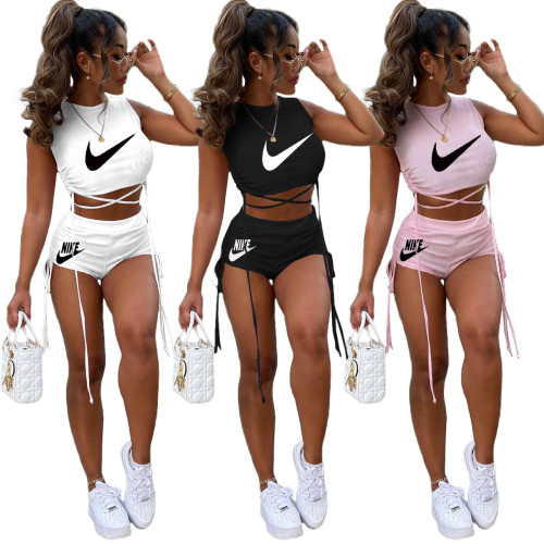 Pleated lace up short sleeve exposed muscle two-piece set