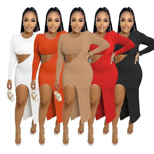 Long Sleeve Solid Color Dress Skirt Suit Tight Sexy Show Waist Dress Two Piece