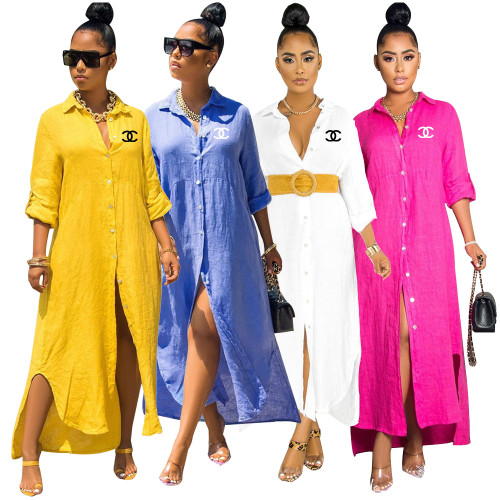 Plus Size Loose Casual Solid Color Long Shirt Dress (without belt)