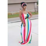 Hot recommended horizontal and vertical stripe color printing loose casual suspender skirt with headscarf