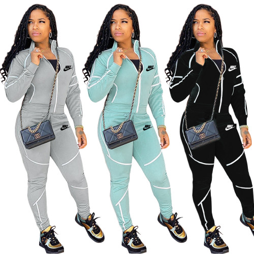 Solid color sports suit long sleeve two piece set